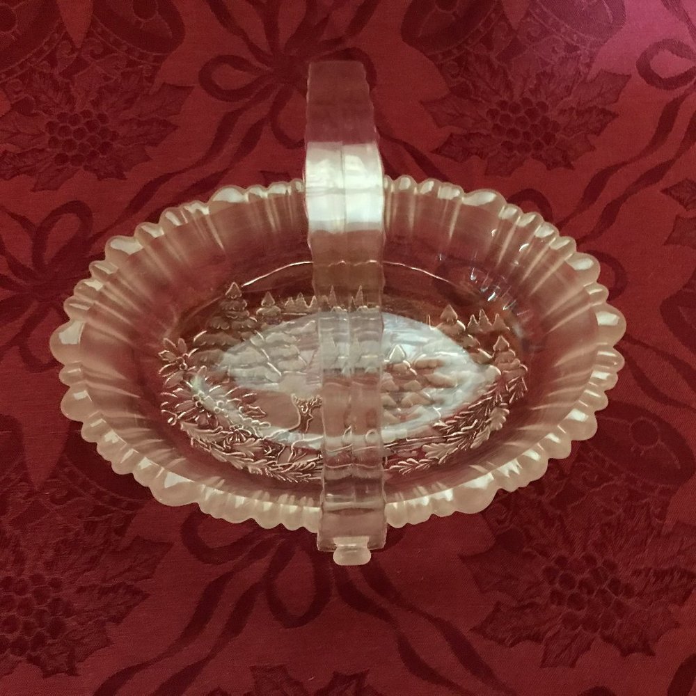 Vintage Mikasa Etched, Frosted Glass Winter Scene Basket
